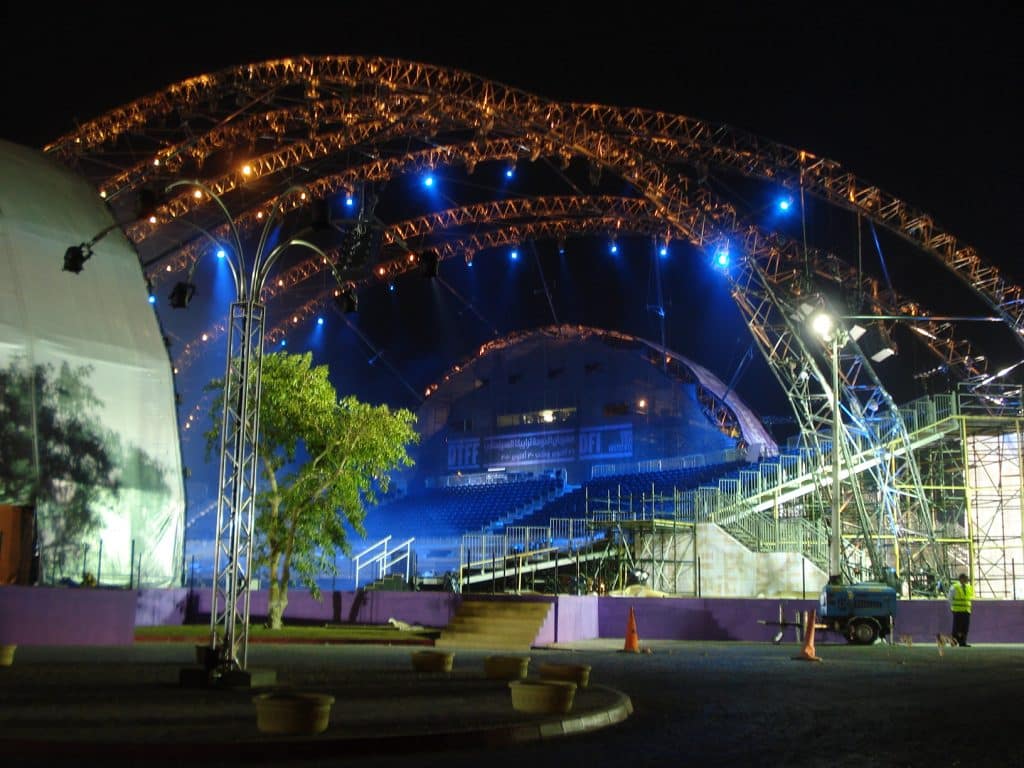 Nighttime photo of custom shape and size scrims, backdrops, and projection screens