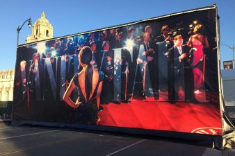 Vanity Fair custom covering for a scaffold structure.